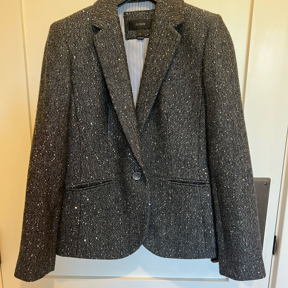 J Crew Women's Charcoal Tweed & Sequin Blazer Size 2 Holiday New Year Christmas